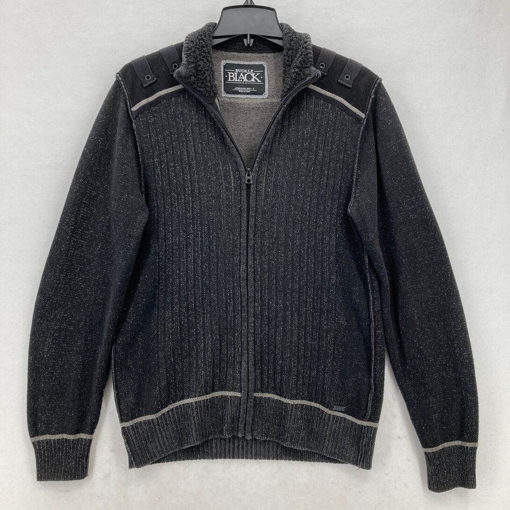 Buckle Black Full Zip Sweater Mens S Athletic Fit Gray Sherpa Collar Grunge Rock